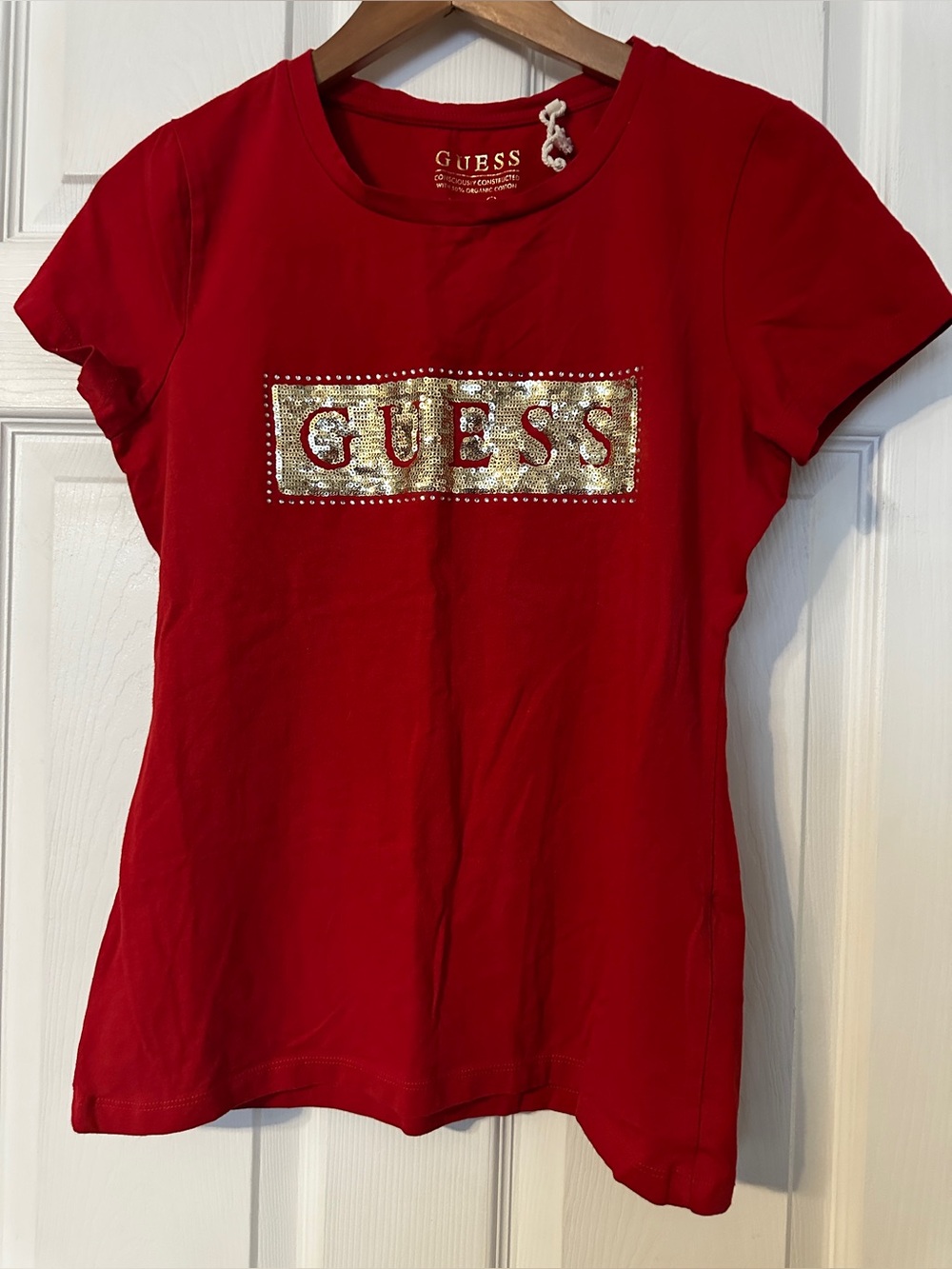 Guess Red Tee with Gold Sequin/rhinestone Logo*Vintage*Sz~Large*